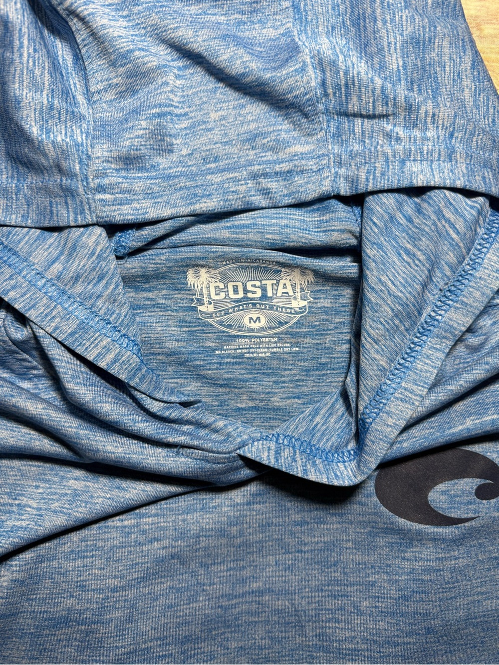 Costa Heathered Blue Hooded Performance Shirt with Logo Sleeve size M - Picture 4 of 10
